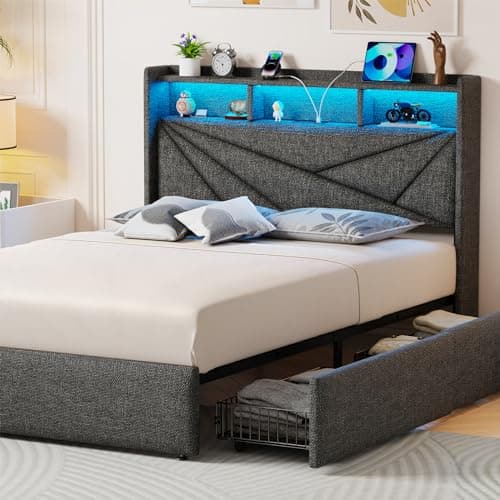 Driftalia Full Size Bed Frame with 4 Storage Drawers, Upholstered Full Bed Frame with LED Lights Headboard and Charging Station, No Box Spring Needed, Easy Assembly - Dark Grey - Image 1