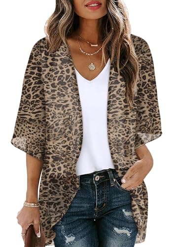 OFEEFAN Summer Tops for Women 3/4 Sleeve Swimsuit Coverup for Women Kimono Cardigans Flowy Leopard L - Image 1