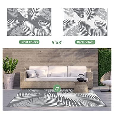 GENIMO Outdoor Rug 5' x 8' Waterproof for Patios Clearance, Reversible Plastic Straw Camping Carpet, Large Area Rugs Mats for RV, Picnic, Backyard, Deck, Balcony, Porch, Beach, Grey&White - Image 2