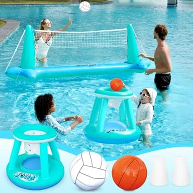 JOYIN XL Inflatable Pool Float Set, 125'' Volleyball Net & Basketball Hoops, Extra Large Floating Swimming Game Toy for Kids and Adults, Summer Floaties, Volleyball Court|Basketball, XL-Blue, Cyan - Image 1
