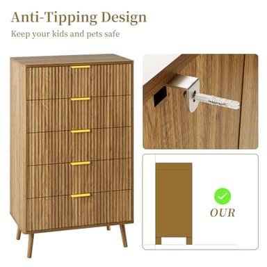LYNSOM Fluted 5 Drawers Dresser, 45" Tall Modern Chest of Drawers with Curved Profile Design and Metal Handle, Wood Drawer Organizer for Bedroom, Living Room, Hallway, Entryway, Natural Oak - Image 7