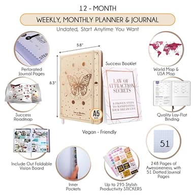 Hourly Planner - Undated Weekly & Monthly Planner, 12-Month Journey to Increase Productivity | Gratitude Journal, Life Organizer & Goal Journal | Include Foldable Vision Board, Habit Tracker & Sticker - Image 2