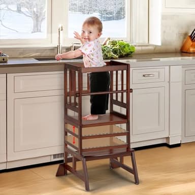 COSYLAND Toddler Standing Tower - Adjustable Height Toddler Kitchen Stool Helper - Kids Kitchen Step Stool for Learning with Removable Safety Railing Brown - Image 1