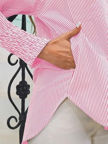 HOTEVE Striped Button Down Shirt Women Womens Tops Smocked Shirts Cuffed Boyfriend Pink Fashion Trendy Oversized Long Sleeve Pink 31 Size 3XL - Image 5