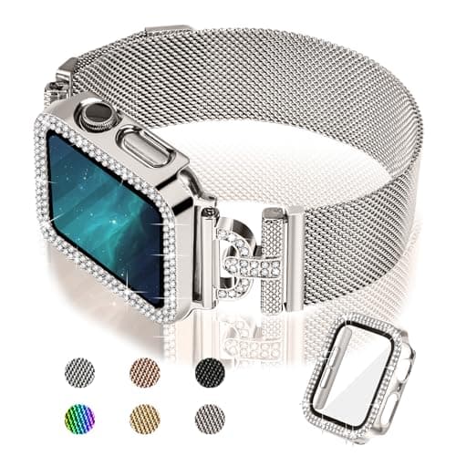 Joyozy Magnetic Band Compatible with Apple Watch Band 38mm 40mm 41mm 42mm 44mm 45mm 46mm Milanese Strap with Bling Case and Screen Protector, Dressy Stainless Steel iWatch Loop for Women (Starlight 44mm) - Image 1