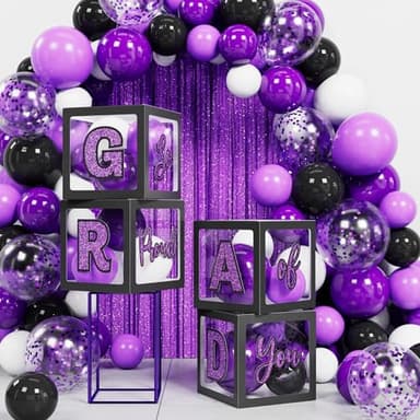 Ecomore Graduation Party Decorations Class of 2025-86 PCS Grad Party Supplies Includes LED Light Strings Balloon Block Boxes with Letters Foil Curtain Backdrop 2025 Balloon Garland Kit -Black Purple - Image 5