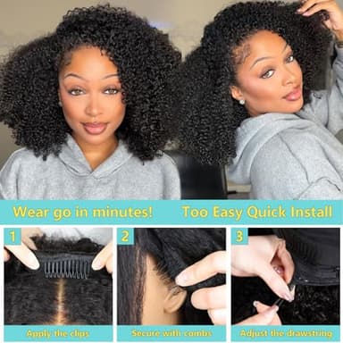 VFFTI Kinky Curly Half Wig Human Hair 200 Density 3 In 1 Drawstring Seamless Flip Half Wigs Wear Go Glueless Wigs Human Hair 18 Inch Curly Half Wig for Women Drawstring Headband Wig Beginner Friendly - Image 4