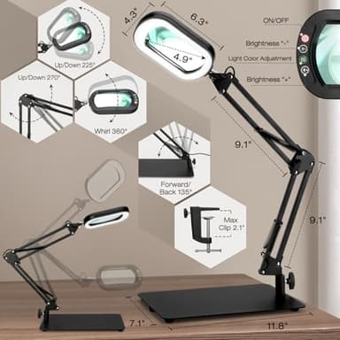 10X Square Magnifying Glass with Light and Stand, Real Glass Lighted Magnifier Hands Free, 5 Color Modes, Brightness Stepless Dimming, 2-in-1 Desk Lamp with Clamp for Close Work, Craft, Hobby, Reading - Image 6