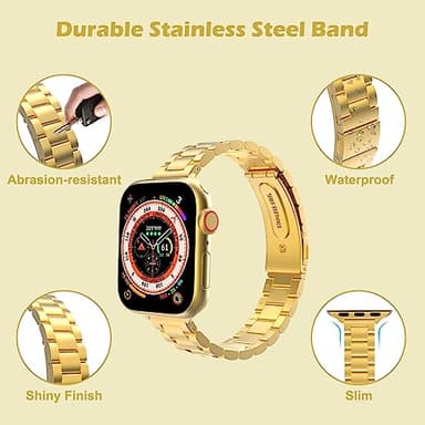 MoKo Slim Metal Band Compatible with Apple Watch Series 11/10 42mm, 9/8/7 41mm, SE3/SE2/SE/6/5/4 40mm, 3/2/1 38mm, Stainless Steel Thin Band Replacement Strap iWatch Wristband for Women, Gold - Image 3