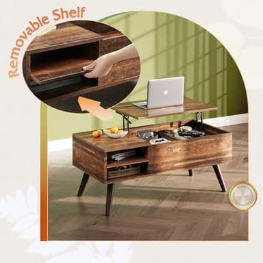 WLIVE Lift Top Coffee Table for Living Room,Small Coffee Table with Storage, Adjustable Shelf and Storage Compartment, Mid Century Modern Living Room Table, Wood, Rustic Brown - Image 6