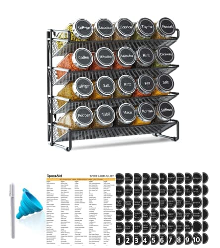 SpaceAid Spice Rack Organizer with 20 Spice Jars, 386 Spice Labels, Chalk Marker and Funnel Set for Cabinet, Countertop, Pantry, Cupboard or Door & Wall Mount - 20 Jars, 9.8" W × 10.8“H, Black - Image 1