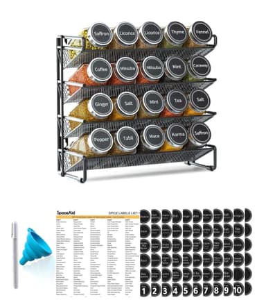 SpaceAid Spice Rack Organizer with 20 Spice Jars, 386 Spice Labels, Chalk Marker and Funnel Set for Cabinet, Countertop, Pantry, Cupboard or Door & Wall Mount - 20 Jars, 9.8" W × 10.8“H, Black - Image 1