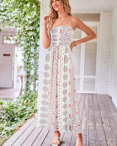 GRACE KARIN Women Strapless Casual Loose Ruched Long Maxi Dress with Pockets Pink Floral - Image 2