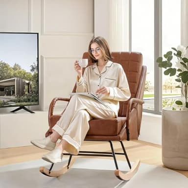 VECELO Rocking Chair Nursery, Oversize Leather Glider Rocker with Padded Cushion, Upholstered Removable High Back, Brown - Image 6