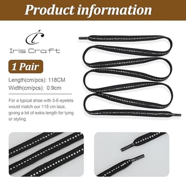 IRIS CRAFT 1 Pair Sparkly Rhinstones Flat Shoelaces for Sneakers, High Top Glitter Shoelaces, Bling Charm Shoe Strings for Women, Kids, and Youth, Black+Nickel Strass - Image 3