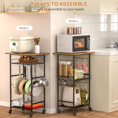 ThreeHio Rolling Kitchen Microwave Cart, 3 Tier Microwave Table Stand with Adjustable Shelf, Kitchen Storage Rack on Wheels, Coffee Station Cart Rack Shelf Organizer for Living Room Office, Balcony - Image 2