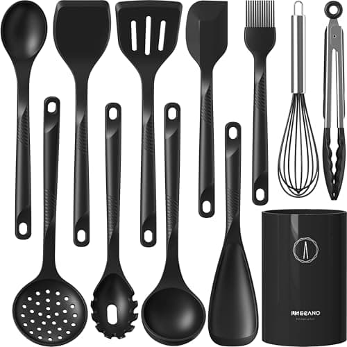 Silicone Cooking Utensils Set - 600°F Heat Resistant, Nonstick Kitchen Utensil Set with Spatulas, Spoons, Whisk, Tongs, BPA Free, Dishwasher Safe, Black - Image 1