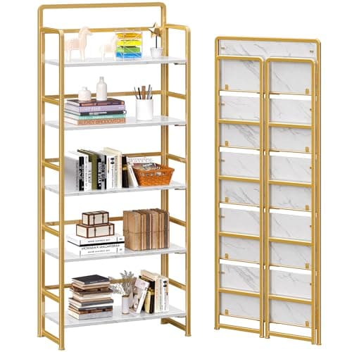 4NM No-Assembly 5 Tiers Folding Bookshelf Storage Shelves Vintage Bookcase Standing Racks Study Organizer Home Office (White Gold) - Image 1