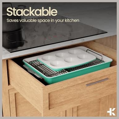 Bakken 8-Piece Stackable Bakeware Set - Ceramic Non-Stick Coating, Baking Sheets, Assorted Baking Pans, PTFE, PFOA & PFOS Free - Healthy Baking, Ergonomic Handles, Cooling Rack, Non-Toxic, Oven-Safe - Image 6