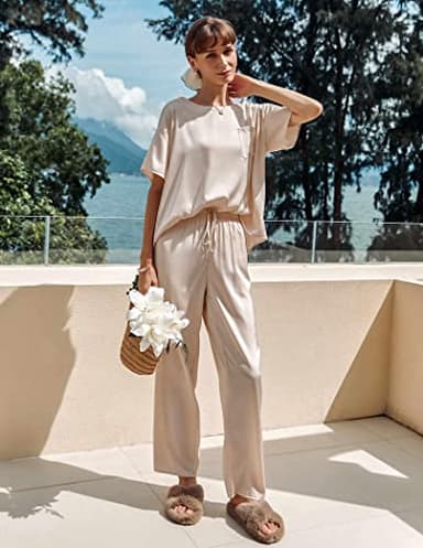 Ekouaer Womens Silk Satin Pajamas Set Two Piece Pj Sets Sleepwear Loungewear Short Sleeve Pj Sets Champagne - Image 2