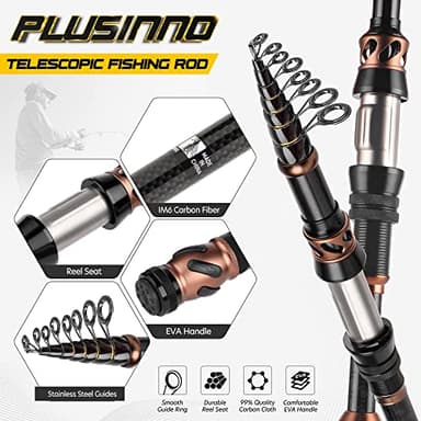 PLUSINNO Fishing Rod and Reel Combos, Toray 24-Ton Carbon Matrix Telescopic Fishing Rod, 12 +1 Shielded Bearings Stainless Steel BB Spinning Reel - Image 3