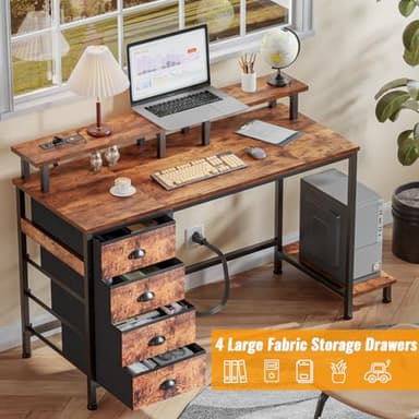 Furologee 47" Computer Desk with 4 Fabric Drawers & Monitor Stand, Gaming Desk with Power Outlets - LED Lights, Home Office Space-Saving Study Table for Bedroom Small Spaces (Rustic Brown) - Image 4