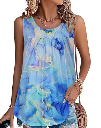 CHICGAL Women's Tank Tops Casual Summer Blouse Sleeveless Tunic Loose Boho Shirt(Floral Blue Smudge,XXL) - Image 1