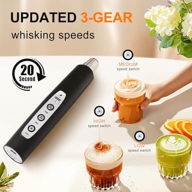 YUSWKO Black Handheld Milk Frother Wand for Coffee, Rechargeable Electric Whisk with 3 Heads 3 Speeds Drink Mixer Coffee Frother For Latte, Cappuccino, Hot Chocolate, Egg - Image 3