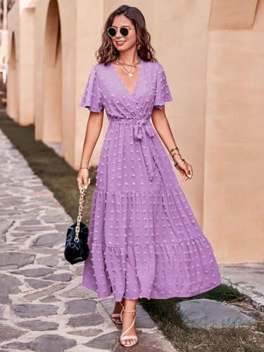 MASCOMODA Womens Swiss Dot Maxi Spring Wedding Guest Dress 2025 Casual Wrap V Neck Flutter Sleeve Long Flowy Party Dresses(Light Purple,X-Large) - Image 2
