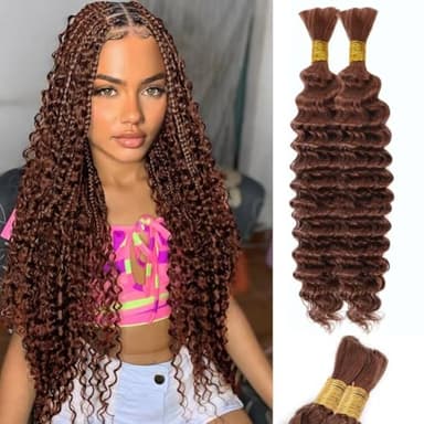 Brown Human Braiding Hair Deep Water Wave Bulk Human Hair 100g 22 Inch Color 30 Curly Human Hair for Boho Braids Hair Extensions No Weft 2 Braids Per Pack Wet and Wavy Human Hair Braiding Hair - Image 1