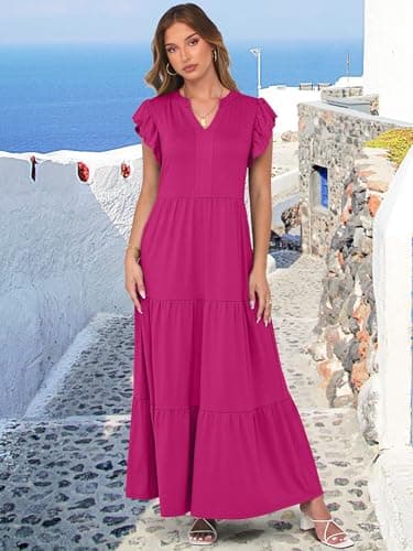 ANRABESS Womens Summer Casual Maxi Dress V Neck Ruffle Sleeve Long Dresses Fashion Flowy Tiered Boho Beach Vacation Sundress Hot Pink X-Large - Image 8