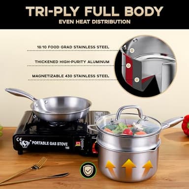 Leetaltree 3-Ply Stainless Steel Saucepan Set - 2.5 Quart Saucepan with Steamer Basket & 7" Shallow Saucepan, Multipurpose Cookware with Dual-Size Drainage Holes Lid, Induction & Oven Safe - Image 2