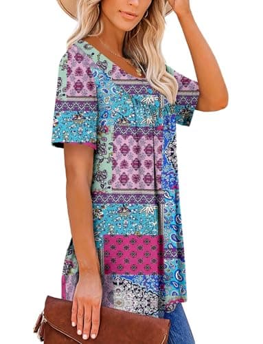 ROSELINLIN Womens Floral Tunic Tops Summer Dressy Casual Tops Short Sleeve V Neck Shirts Blue Blocks XL - Image 3