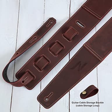 Nefelibata 3" Guitar Strap in First Layer Leather with Foam Padding and Cable Storage Loops for Bass, Electric and Acoustic Guitars (Vintage Burgundy) - Image 4