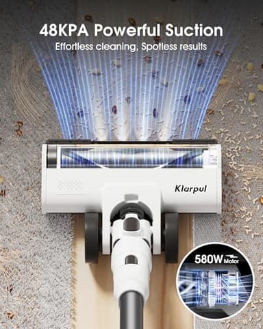 Klarpul Cordless Vacuum Cleaner, 580W 48KPA 65Mins Runtime Fast Charging Vacuum Cleaner, Self-Standing LED Light Touch Screen Stick Vacuum for Home Light Weight,for Pet Hair/Carpet/Floor, White - Image 2