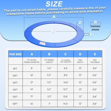 Trampoline Replacement Safety Pad, 8ft 10ft 12ft 14ft 15ft 16ft Trampoline Spring Cover with Foam Padding, No Holes for Poles, Round, Blue - Image 8