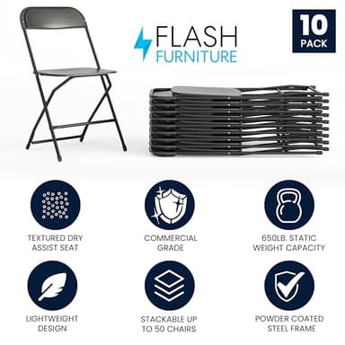 Flash Furniture Hercules Set of 10 Indoor/Outdoor Heavy-Duty Plastic Folding Chairs, Foldable Commercial Stacking Chairs with 650-lb. Static Weight Capacity, Black - Image 3