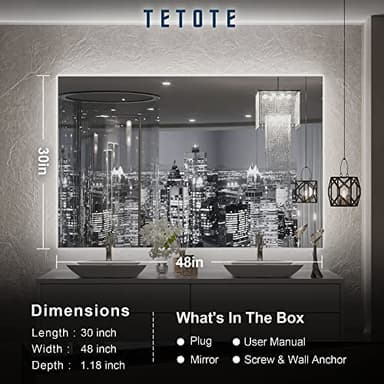 TETOTE 48 x 30 LED Backlit Bathroom Mirror with Light,3Color White/Warm/Natural,Anti-Fog Lighted Mirror,Dimmable,Vanity Mirror,Wall Mounted - Image 6