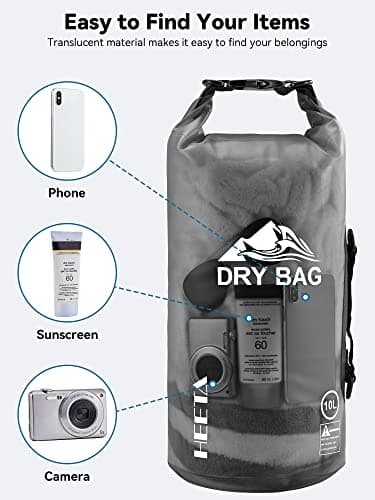 HEETA Dry Bag Waterproof for Women Men, Roll Top Lightweight Dry Storage Bag Backpack with Phone Case for Travel Swimming Boating Kayaking Paddle Board Camping Beach Accessories(Transparent Black,10L) - Image 7