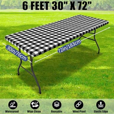 Smiry Picnic Table Cloth 2 Pack, Waterproof Elastic Fitted Tablecloths for 6FT Rectangle Tables, Washable Polyester Buffalo Plaid Tablecloth for Camping, Dining & Outdoor (Black & White, 30" x 72") - Image 8