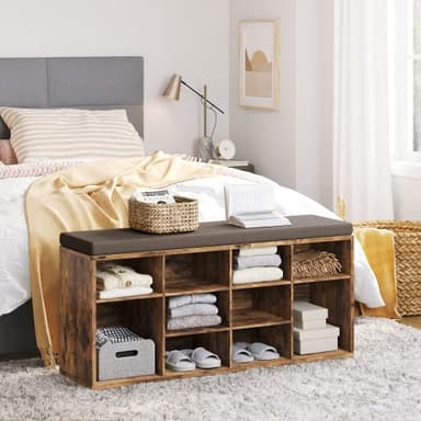 DINZI LVJ Shoe Storage Bench with Cushion, Cubby Shoe Rack with 12 Cubbies, Adjustable Shelves, Multifunctional Shoe Organizer Bench for Entryway, Mudroom, Hallway, Closet and Garage, Rustic Brown - Image 6