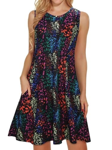 Summer Dresses for Women Beach Floral Tshirt Sundress Sleeveless Pockets Casual Loose Tank Dress(Black Colorful,XL) - Image 1