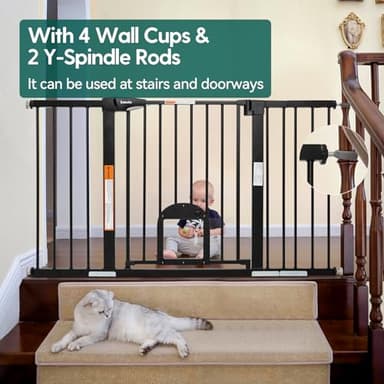 Babelio 31.5-55" Extra Wide Baby Gate with Cat Door, Auto Close Durable Dog Gate Indoor, Pressure Mounted Baby Gates for Stairs, Doorways, Includes 4 Wall Cups and 3 Extension Pieces, Black - Image 7