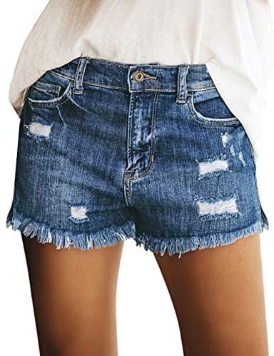 luvamia Women's Casual Mid Waist Ripped Denim Shorts Frayed Raw Hem Jean Shorts Casual Shorts Classic Blue Size XL - Image 1