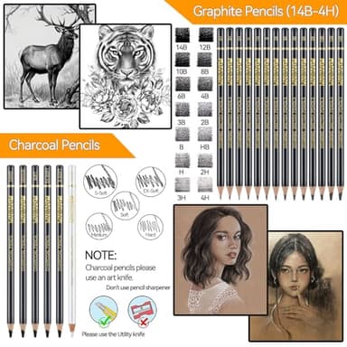 PANDAFLY 26-Piece Professional Sketch Pencil Set - Includes 4H to 14B Graphite Pencils, Charcoal Pencils, Charcoal Sticks, Vinyl Eraser, Kneaded Eraser, Sharpener, Blending Stump - Image 3