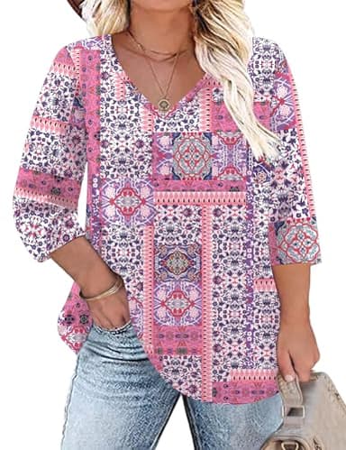 TFSDOD Womens Spring Fashion 2025 Plus Size Tops Women's V Neck Long Sleeve T Shirt Printed Tees Pink Boho XXL - Image 1