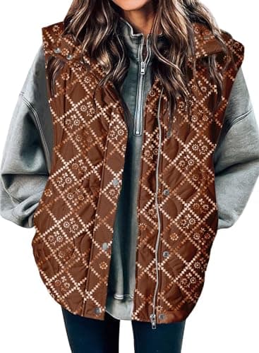 EVALESS Womens Fashion Cropped Puffer Vest Fall 2025 Lightweight Quilted Stand Collar Sleeveless Button Down Flower Jackets Winter Warm Coat Outerwear Gilet with Pockets Brown Medium - Image 1