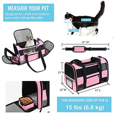 CUSSIOU Cat Carrier Pet Carrier Airline Approved for Small Dogs Medium Cats Puppies 15 Lbs Dog Carrier with Reflective Strip, Collapsible Soft Sided Cat Travel Carriers - Pink - Image 2