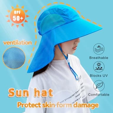 Rosoz Kids Sun Hat with Neck Flap UV Protection Summer Toddler Beach Hat Unisex Ponytail Hat Wide Brim Fishing Hat - Image 6