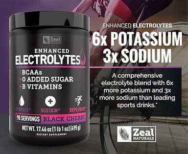 Zeal Naturals Electrolyte Powder Recovery Drink (90 Servings | Black Cherry) w/ 0 Sugar +BCAAs +B-Vitamins Electrolyte Supplement w Potassium Zinc & Magnesium for Hydration - Keto Electrolytes - Image 5